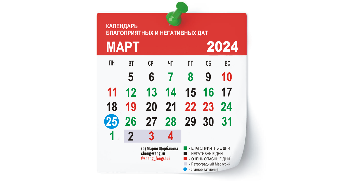 Календарь благоприятных и негативных дней на март 2024