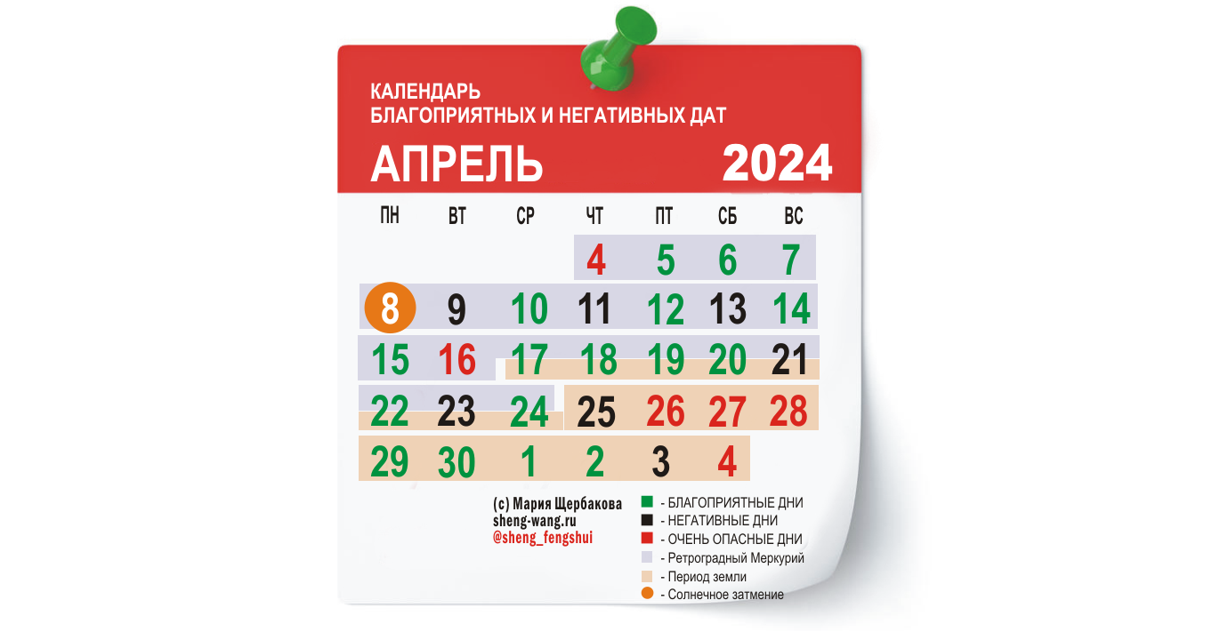 Календарь благоприятных и негативных дней на апрель 2024